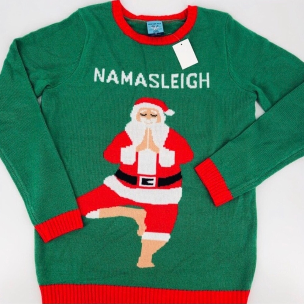 NWT Santa Yoga Pose Ugly Christmas Sweater Holiday Green Red XLarge XL